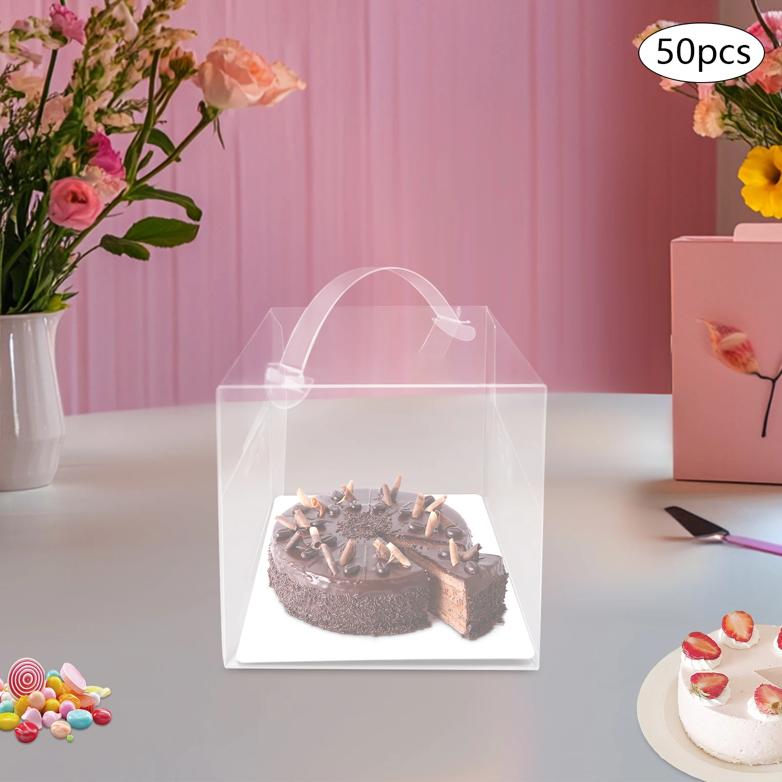 50pcs Clear PET Square Cake Boxes with Handles, 13x13x13cm Assembly Required, Food-Safe... - SKU CPCB1120 - UGI Packaging
