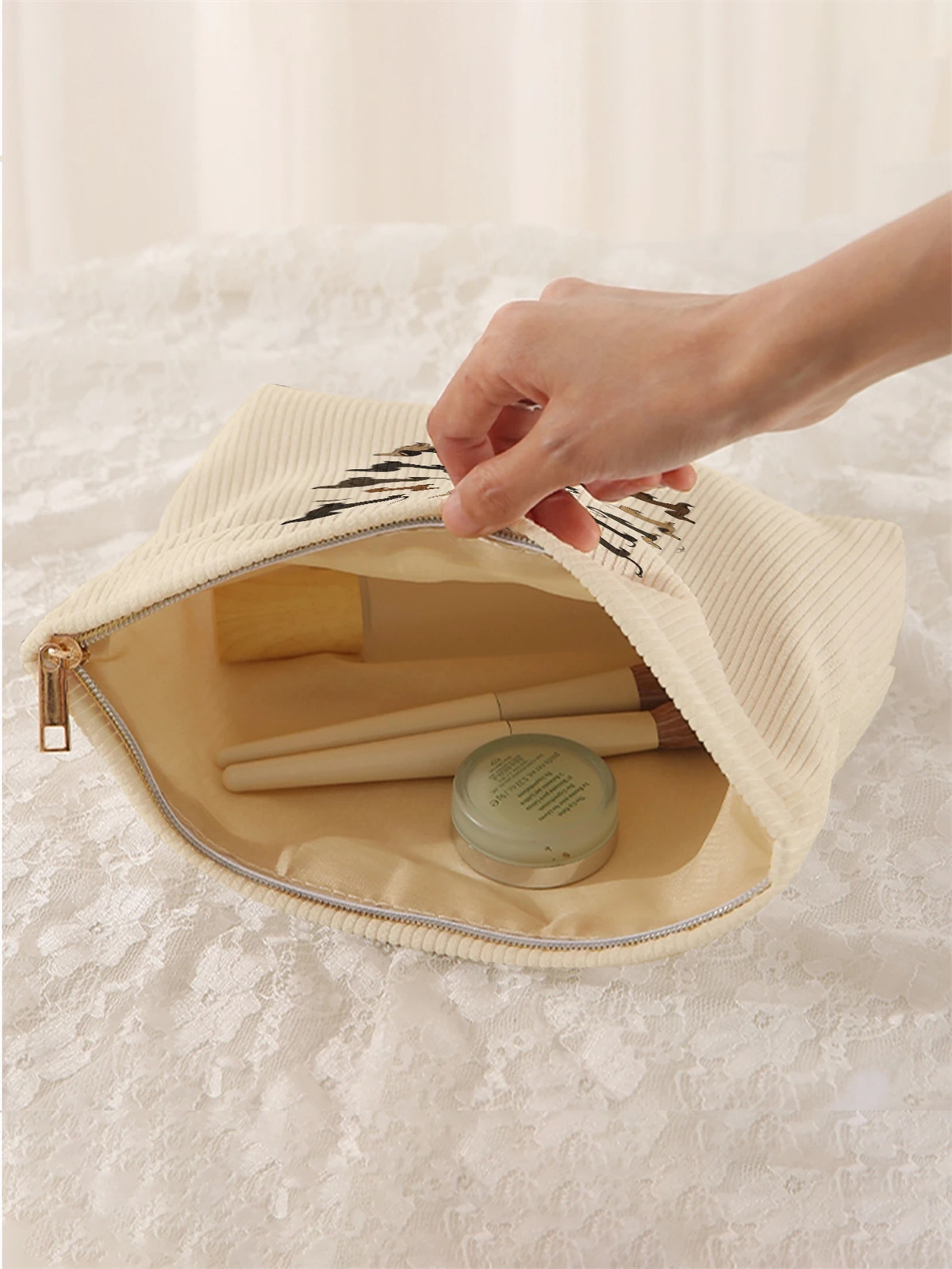 1pc cartoon dog pattern printed corduroy makeup bag, lightweight zipper makeup storage box, multifunctional bag with lining