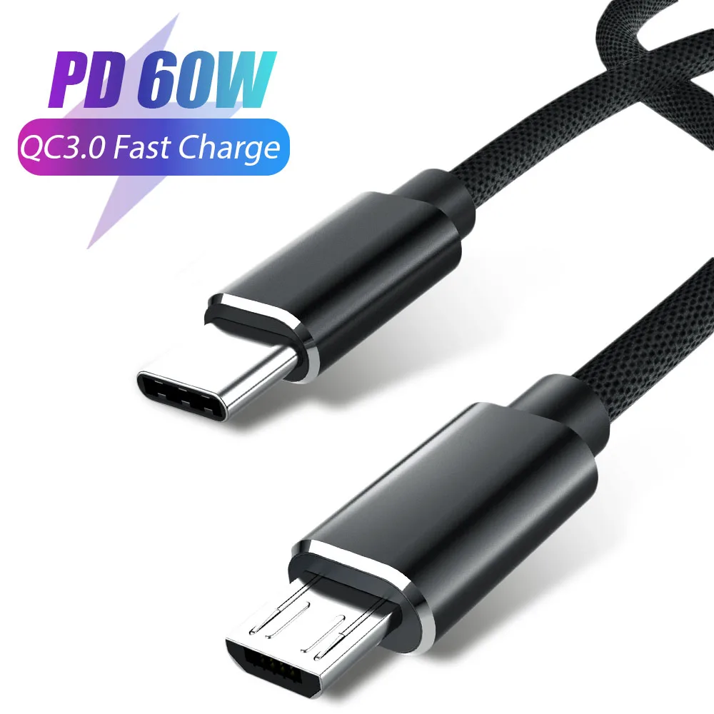 

USB Type C To Micro USB 3A Fast Charging Adapter Cable PD 60W Quick Charger Data Cable For Macbook Samsung Xiaomi Huawei 1M