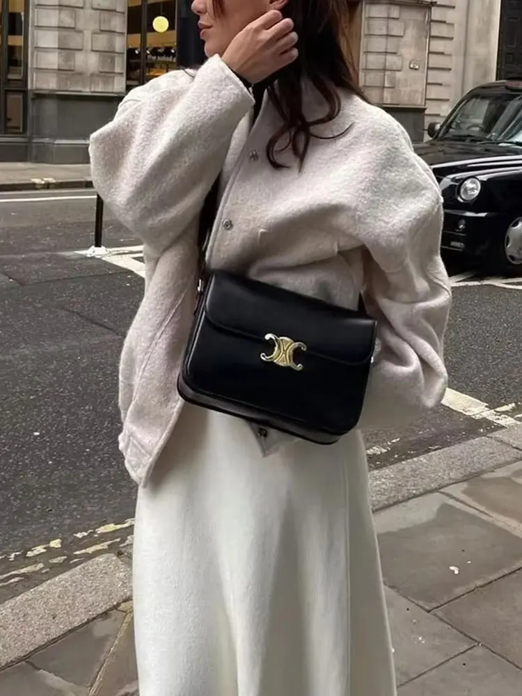 HH Women Elegant Solid Coat Button Long Sleeve Pocket Bomber Jacket Autumn Winter Female Casual Loose Streetwear Coats