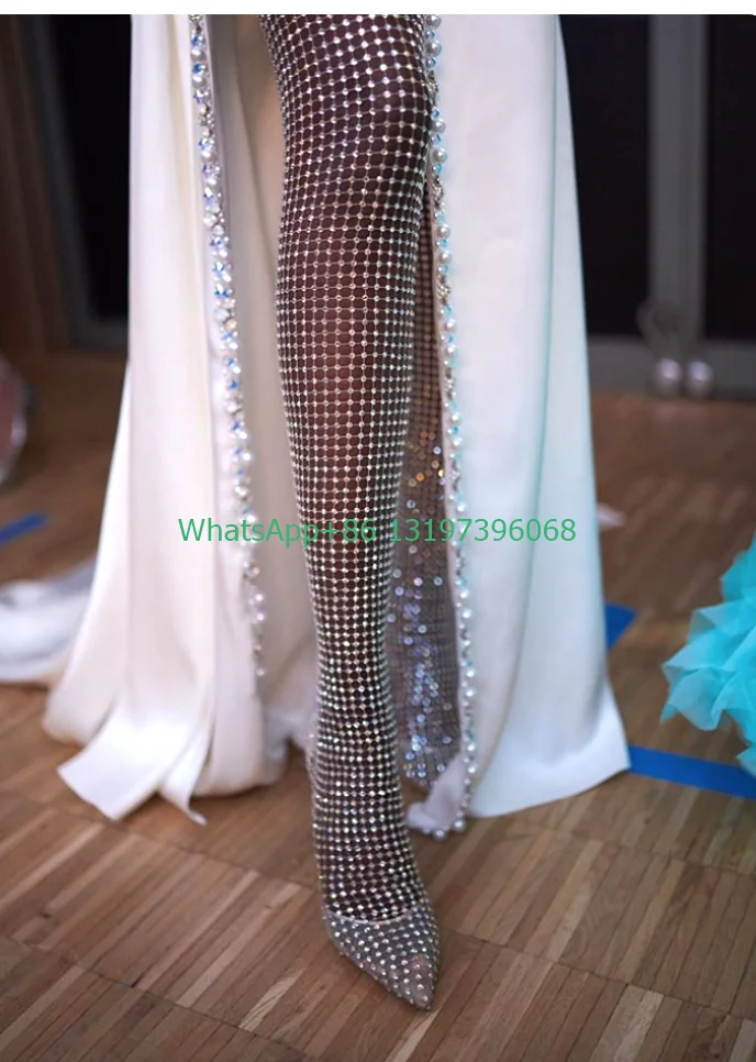 Macacão de lantejoulas de strass elegante para senhora, botas pontiagudas, T Show Dress, calçado de festa, tamanho 46