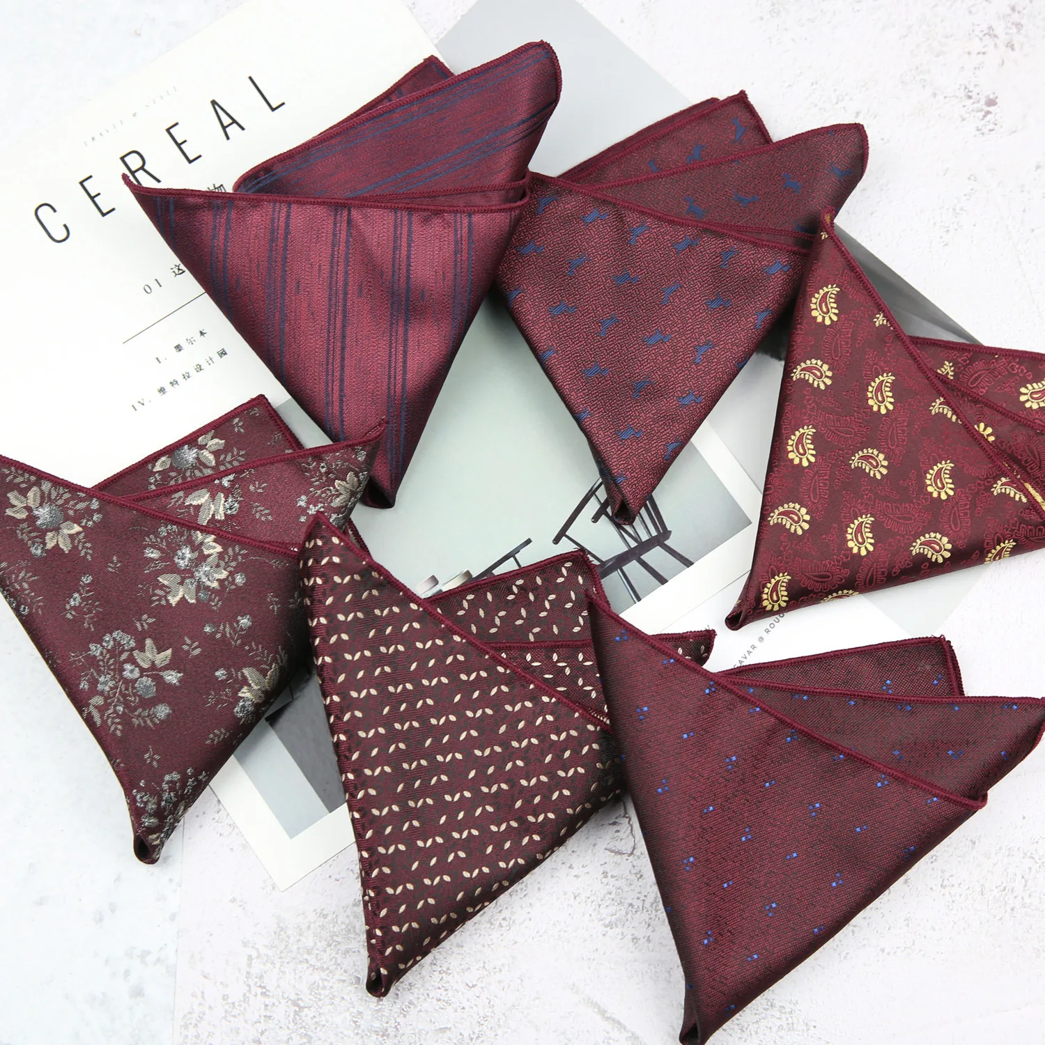 

New Tide 24*24cm Wine Flower Dot Striped Polyester Pocket Square Handkerchiefs for Man Groom Wedding Business Party