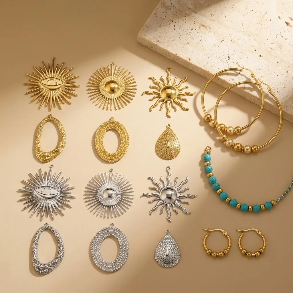 2 Stück/Set Edelstahl Sonnen-Oval-Tropfenanhänger, unregelmäßige Form, für DIY Ohrringe, Halsketten, Schmuckherstellung, Zubehör – Detail 1
