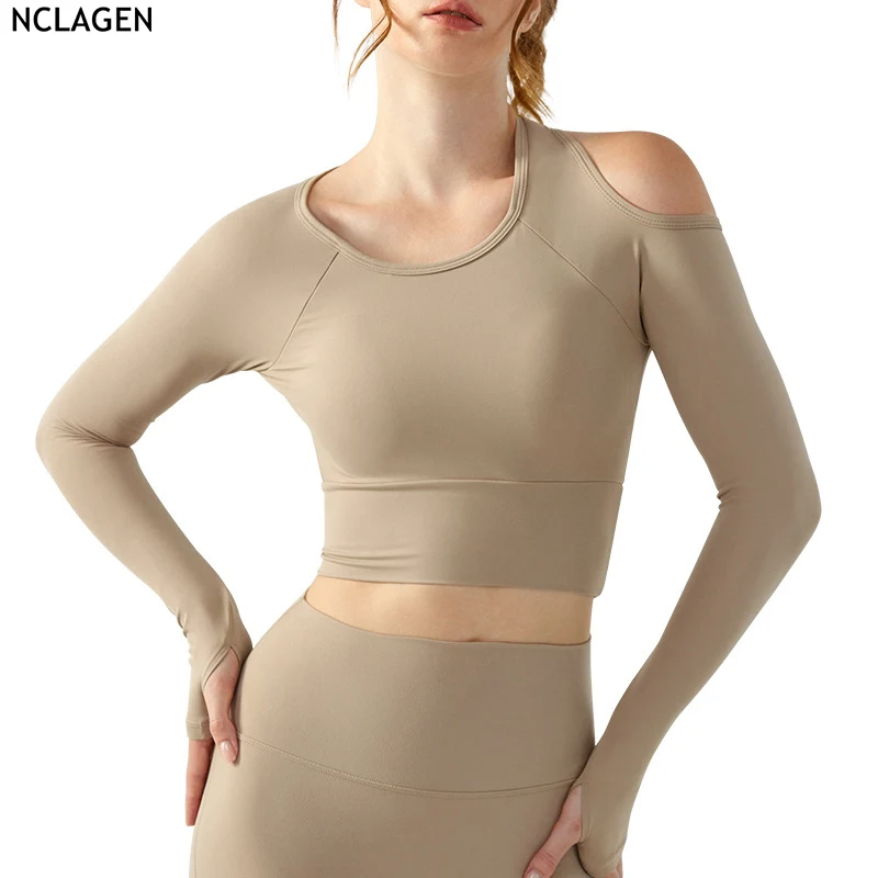 

NCLAGEN Round Neck Yoga Shirts Long Sleeved Women's Half Fixed Cup Tight Sports Fitness Top Gym Dry Fit Breathable High Elastic