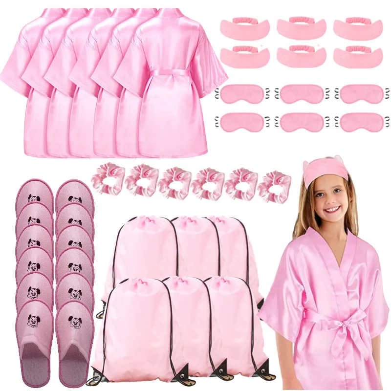 

36/12pc Kids Satin Robes Spa Party for Girls DIY Slumber Kimono Robe Sleepover Party Favors with Gift Bags Slippers for Birthday