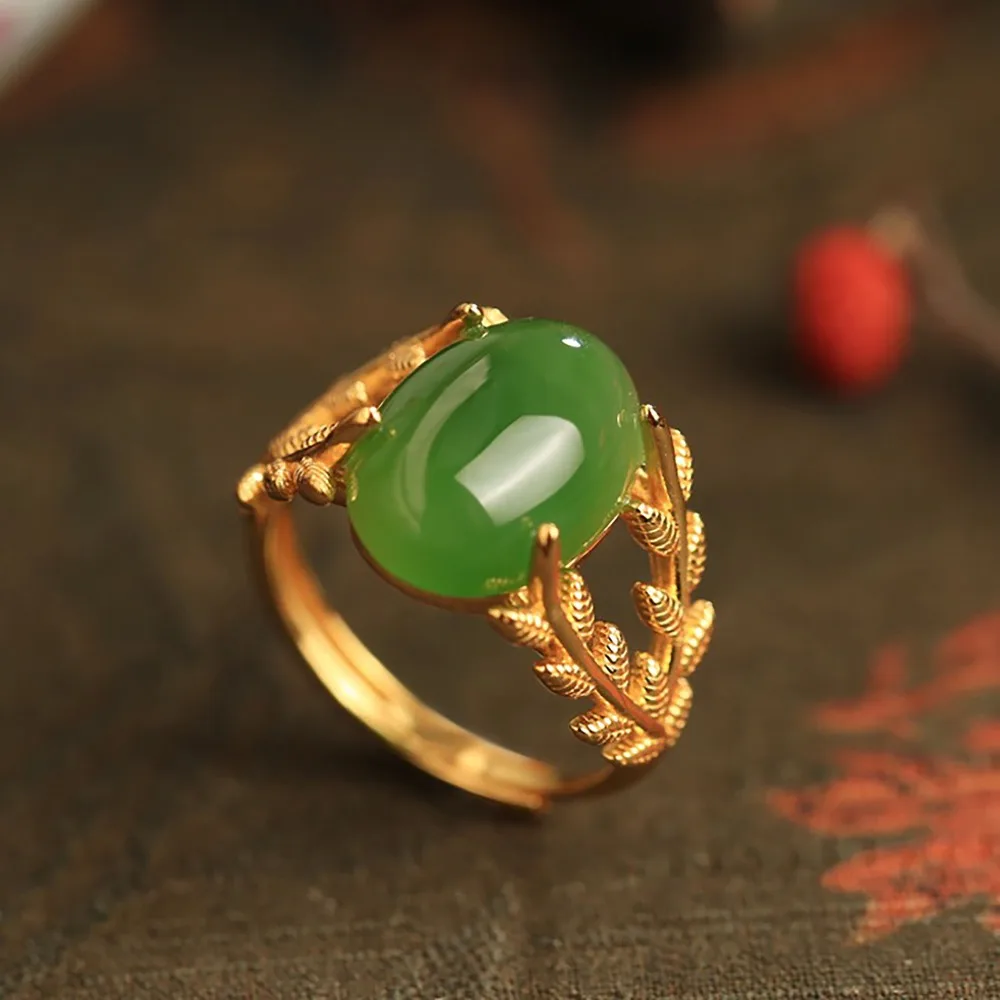 Imitation Natural Hetian Jade Rings Fashion Accessories Jewelry Gifts for Women Talismans 18K Gold Plated Jewelry