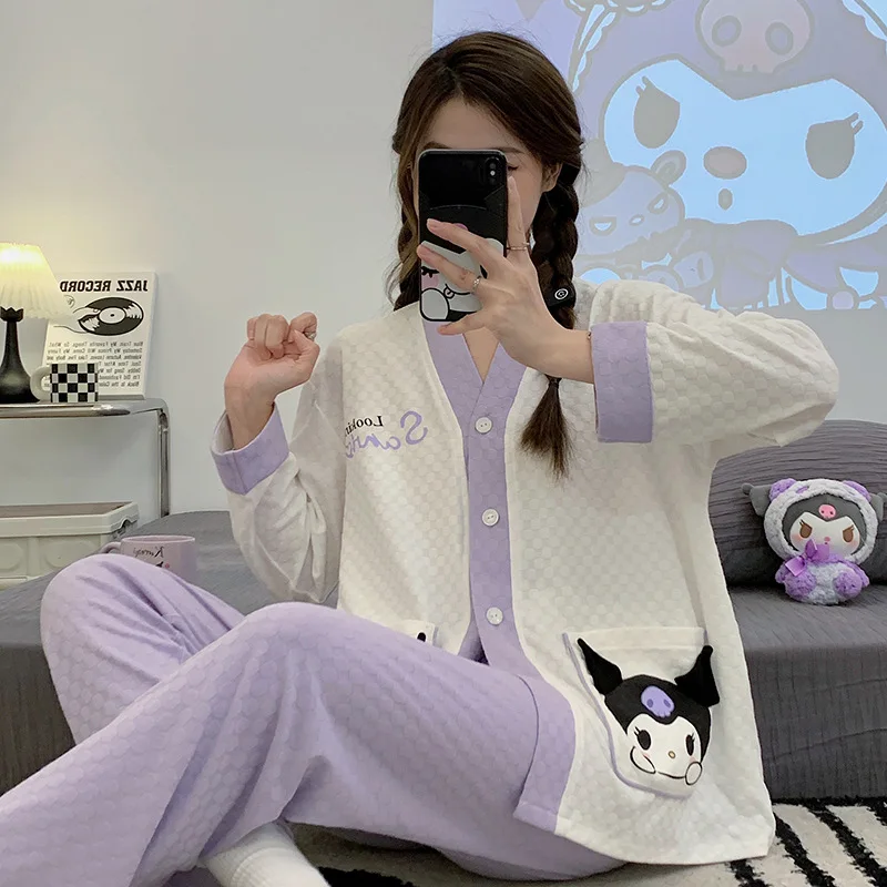 

Sanrio Women's Autumn and Winter Kuromi Pajamas Long-sleeved Trousers Combed Cotton Cartoon Can Be Worn Outside Home Clothes Set