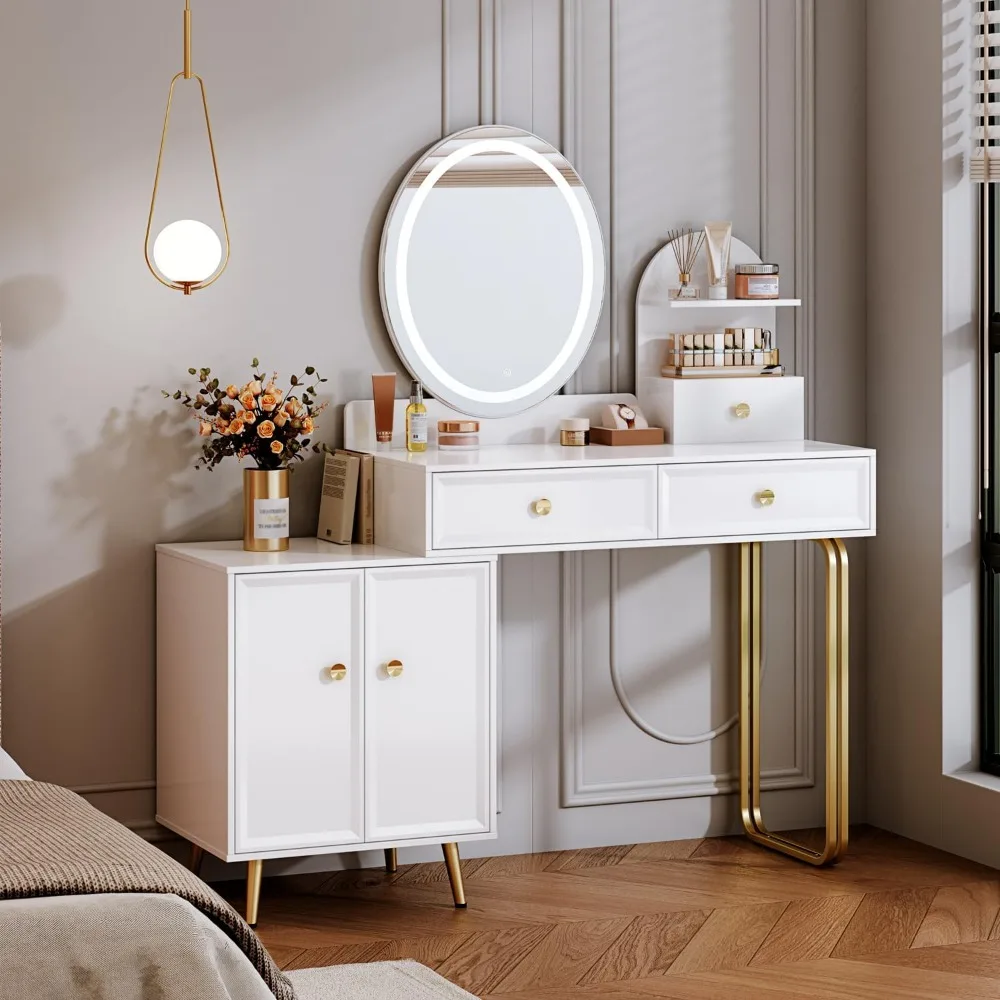 

White Modern Vanity Desk,Retractable Makeup Vanity,with LDE Mirror and 2 Spacious Drawers,Makeup Desk with Cabinet