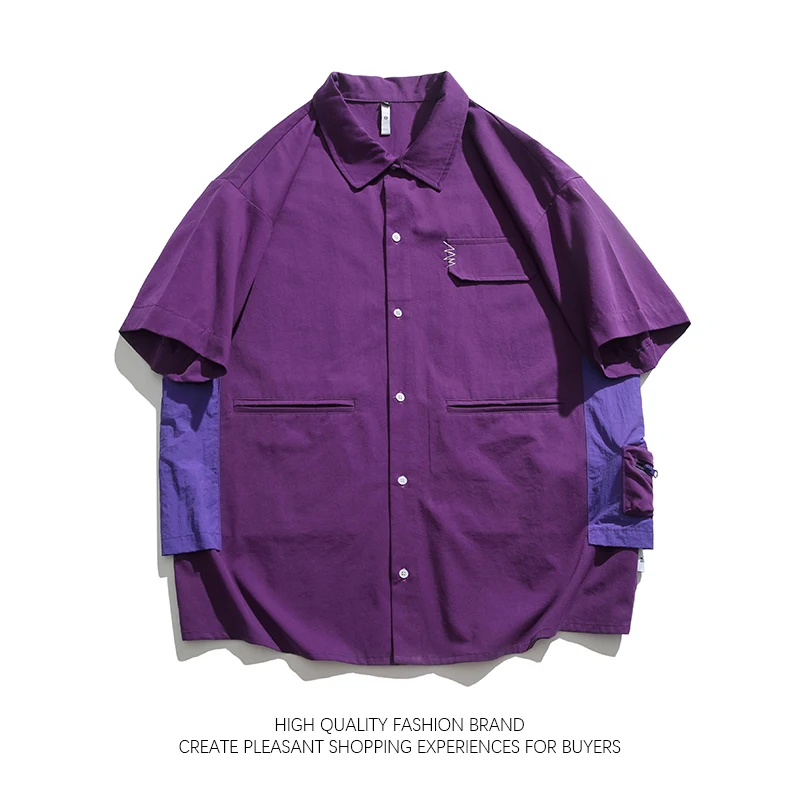 

Japanese Color Matching Cargo Shirt Cityboy Safari Multi Pocket Short Sleeved Shirt for Men's Summer Street Loose Unisex Blouse