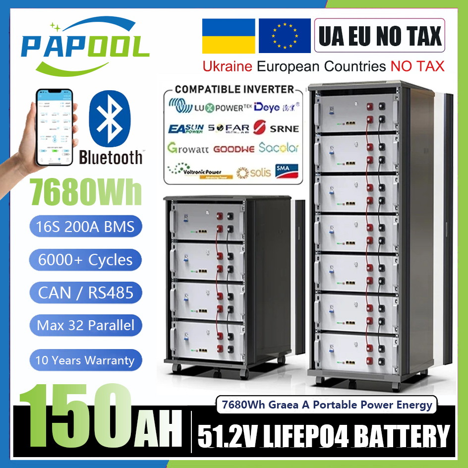 LiFePO4 48V 150Ah Battery Pack 6000+ Cycle 7680Wh 16S 200A Smart BMS RS485/CAN PC Monitor 51.2V 100Ah 120Ah 200Ah 230Ah EU STOCK