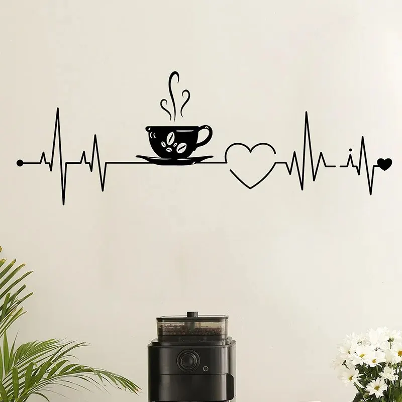 1pc Coffee Love Electrocardiogram Removable Waterproof Vinyl Wall Sticker Kitchen Living Room Coffee Shop Wall