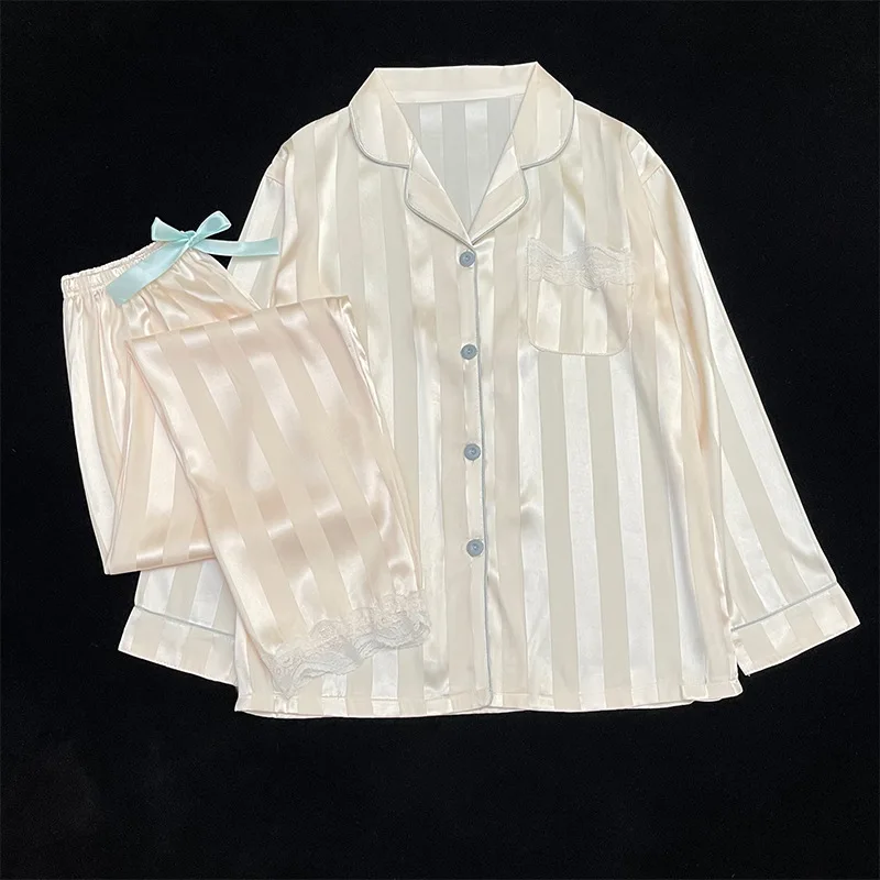 Ling Solid Striped Summer Pajamas Sweet Bow-knot Ice Silk Satin Sleepwear Women 2PCS Fashion Women's Home Wear Short Sleeved Set