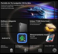 Tablette TECLAST T65 13,4 pouces Android 16 120 Hz FHD 1200P écran IPS 4G LTE Unisoc T7280 Octa-Core 8 Go + 12 Go 20 Go RAM 128 Go ROM 8000 mAh Widevine L1 Tablette Netflix avec carte SIM WiFi Bluetooth 5.0 GMS Google Play GPS 3