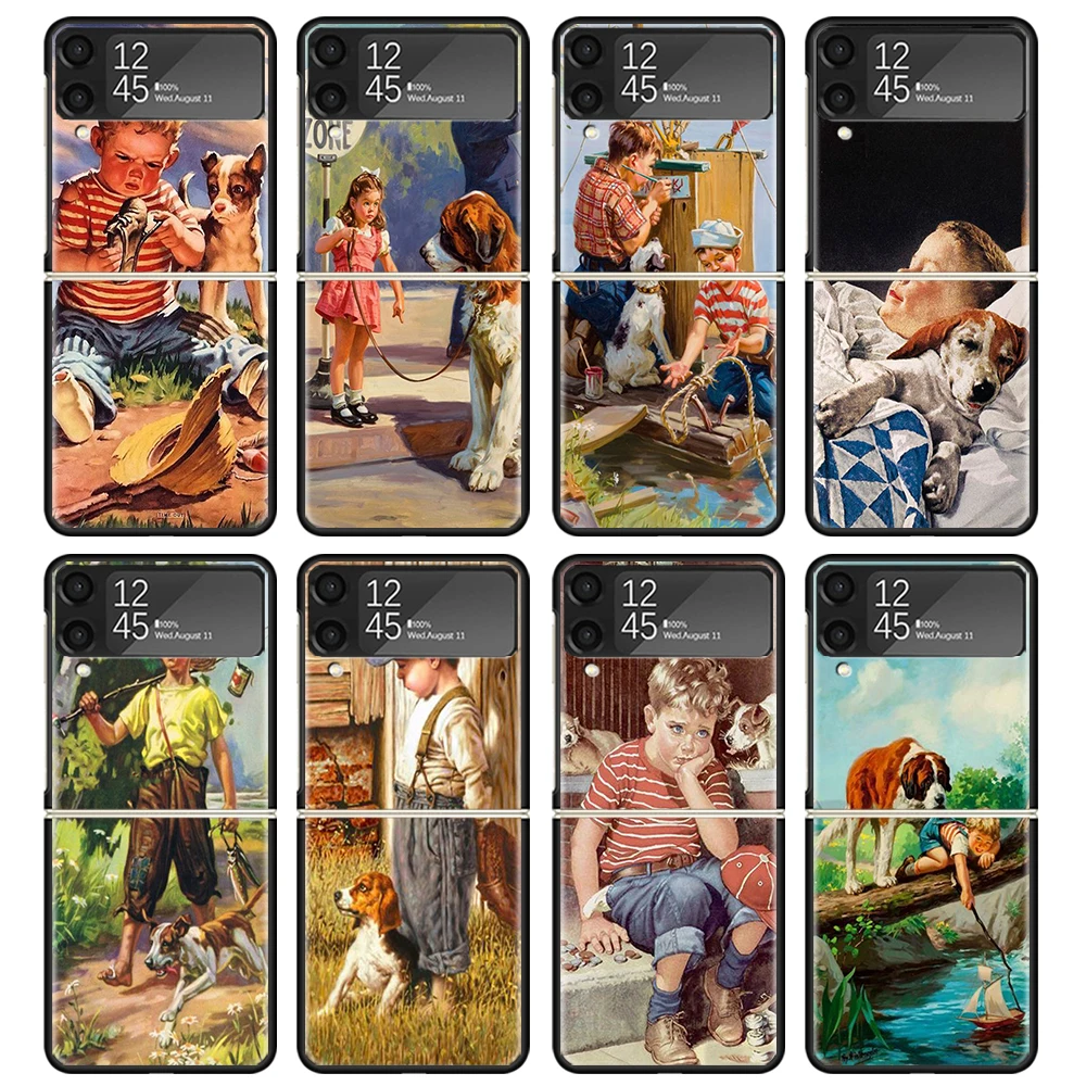 Vintage Children Dog Pets Retro Black Phone Case Per Samsung Zflip5 Zflip4 Zflip3 5G Hard Pc Protective Galaxy Z Flip 3 4 5 Fold