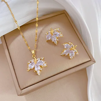 Fashion Micro-inlaid Necklace Earring Set Light Luxury Maple Leaf