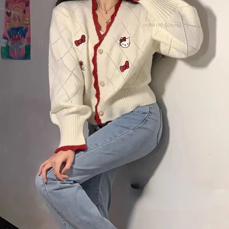 Y2k 산리오 헬로 키티 패턴 여성 가디건, 루즈 스웨터, 학생 프레피, 스위트 걸, 귀여운 니트웨어, 올매치 소프트 탑