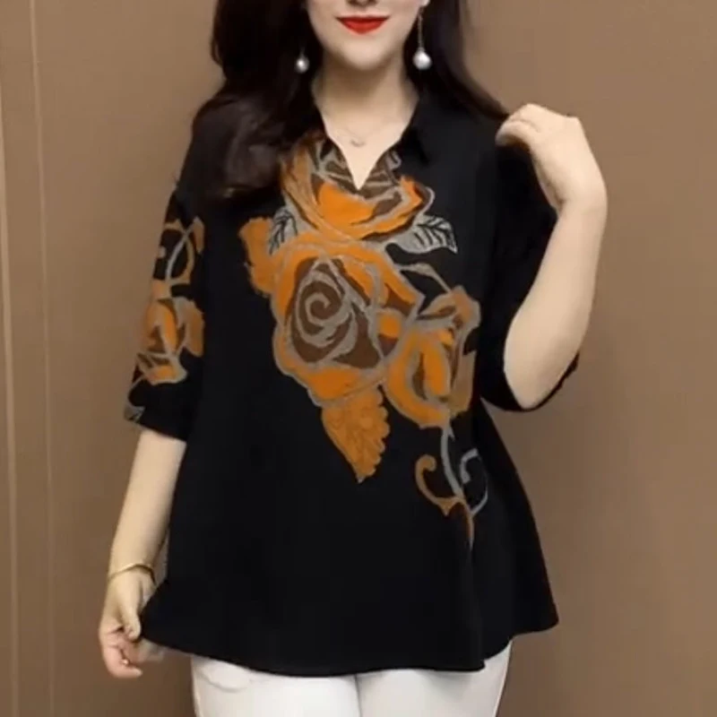 Summer New POLO Collar Fashion Three Quarter Blouse Women Vintage Floral Printing Pullovers High Street Loose Comfortable Tops