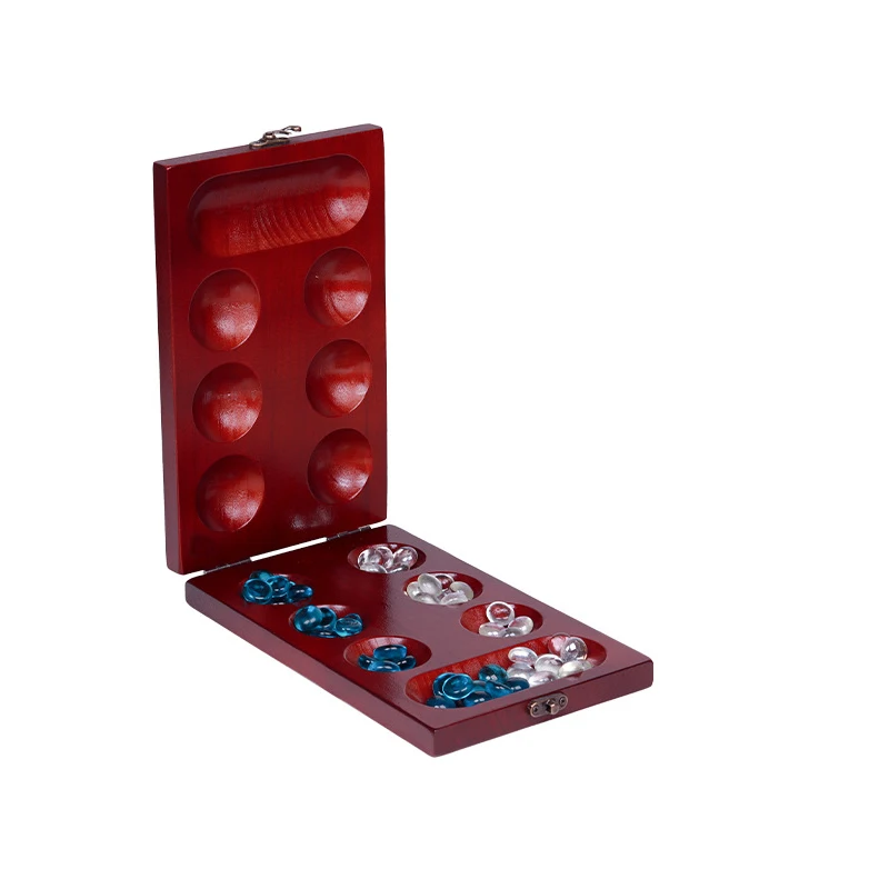 Jeu de société Mancala pliable en pin châtain, jeu de table classique amusant avec plateau en bois pour adultes et enfants