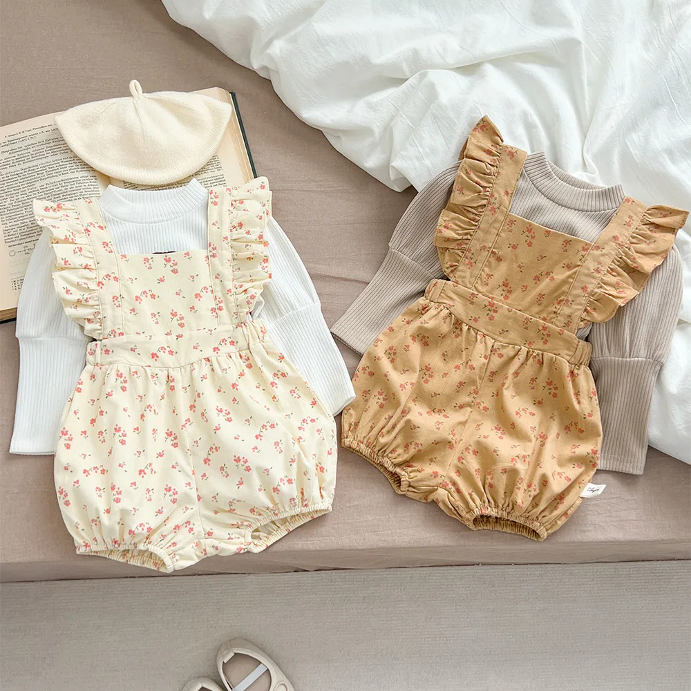 

Baby Clothing Romper 2024 Spring Girls Shorts Korean Style Fashionable Floral Suspenders Jumpsuit Sweet Casual Baby Romper