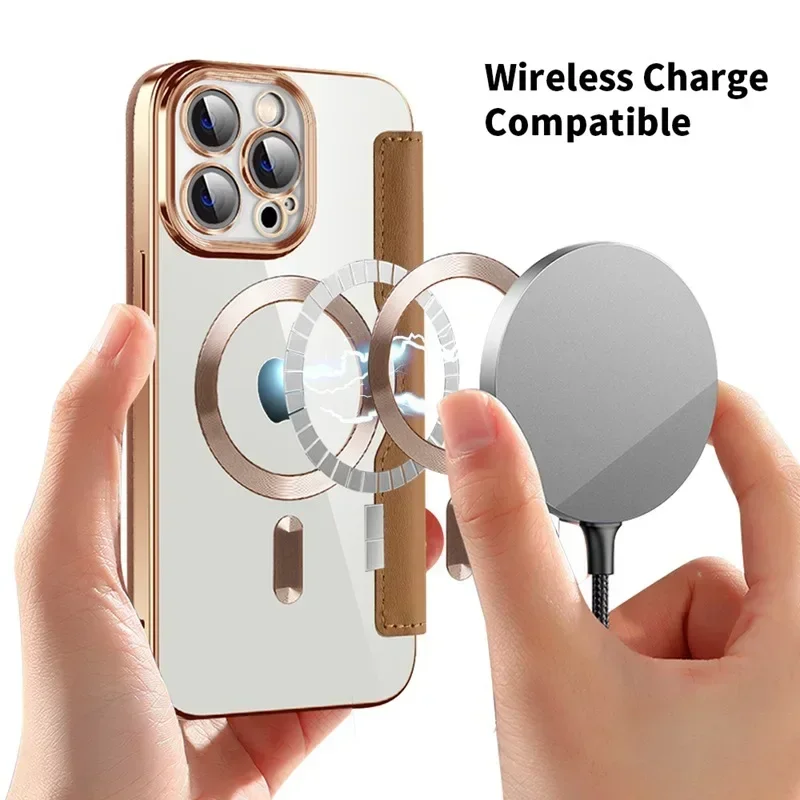 Estojo de Couro Magnético de Sucção para Iphone Estojo Magsafe Couro Alto Equipado com Filme de Lente Iphone 15 14 Plus 13 12 11 Pro Max - Image 4