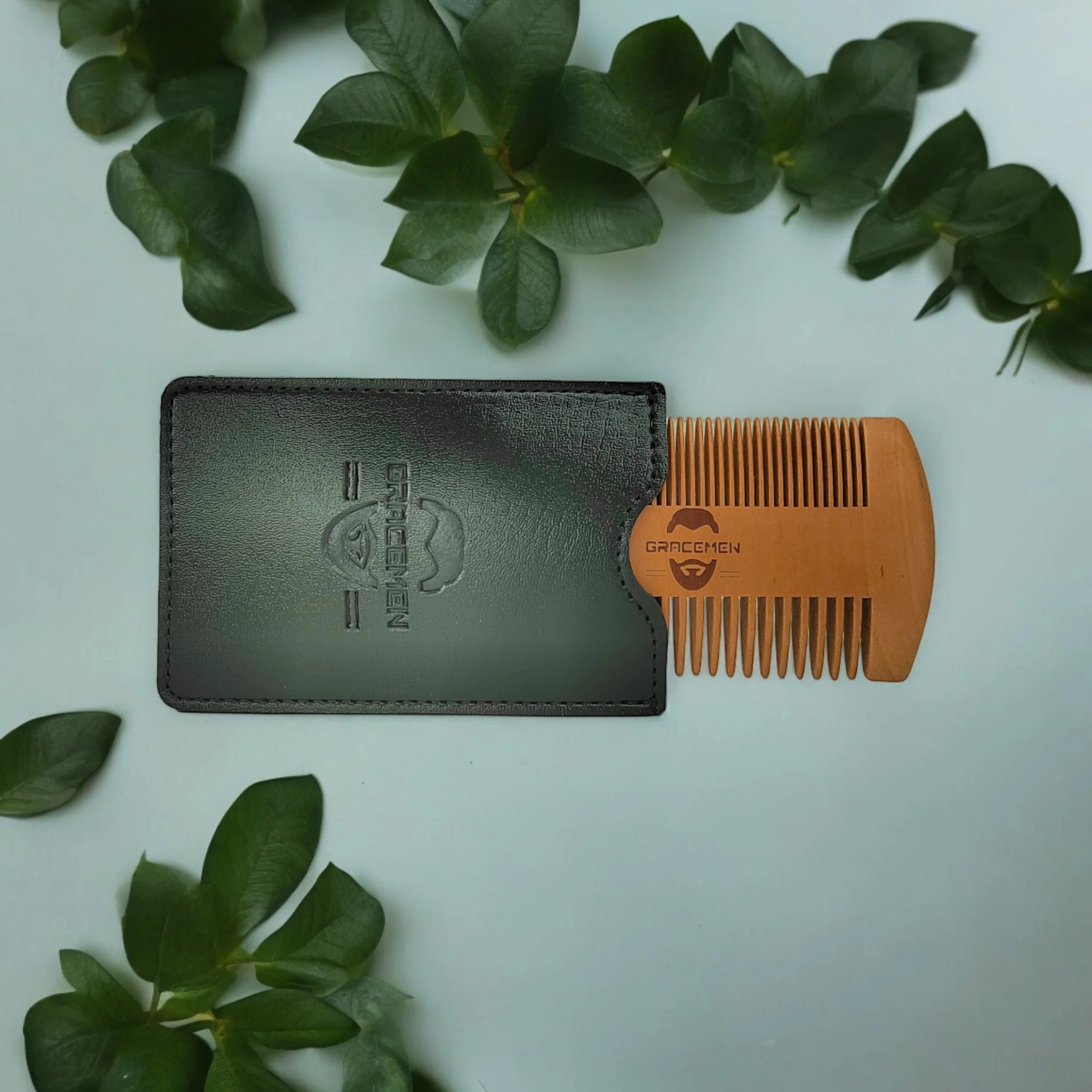 Gracemen 100% Wooden Beard Comb Double Sides for Men Anti-Static Wood Hair Comb with PU Leather Case and Great Gift to Men 5
