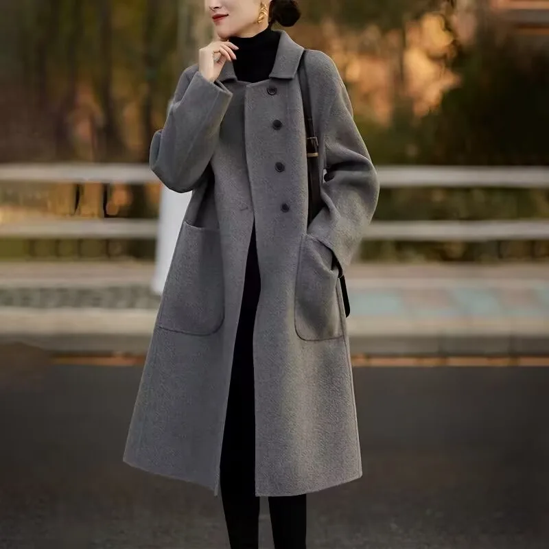 Women's Reversible Cashmere Coat, Long Loose Casual Woolen Outwear, Temperament Fashion, All-Matching, Autumn, Winter, New, 2024