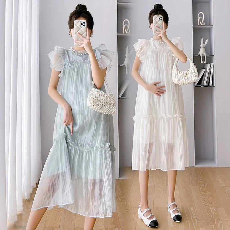 

Beading Ruffle Sweet Maternity Long Dress 2024 Summer New Fashion Elegant Clothes for Pregnant Women Pregnancy Casual Daily Wear