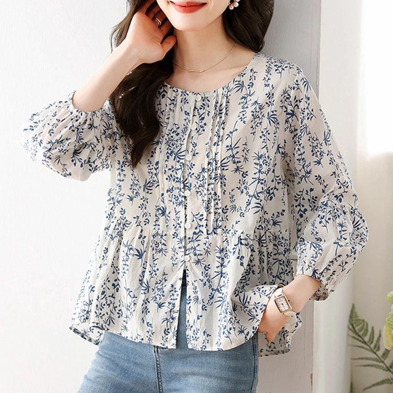 

Женская Свободная блузка из хлопка и льна, Повседневная рубашка с цветочным принтом и рукавом 2024, корейский стиль, весна-лето 3/4