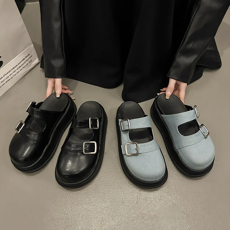 Thick soled Baotou sandals for women's 2024 summer new outdoor beach shoes, big toe British style thick soled Bocken shoes