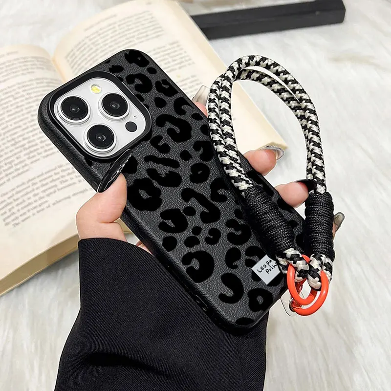 Leopard Print Lanyard Strap Phone Case with Lichee Pattern Cover