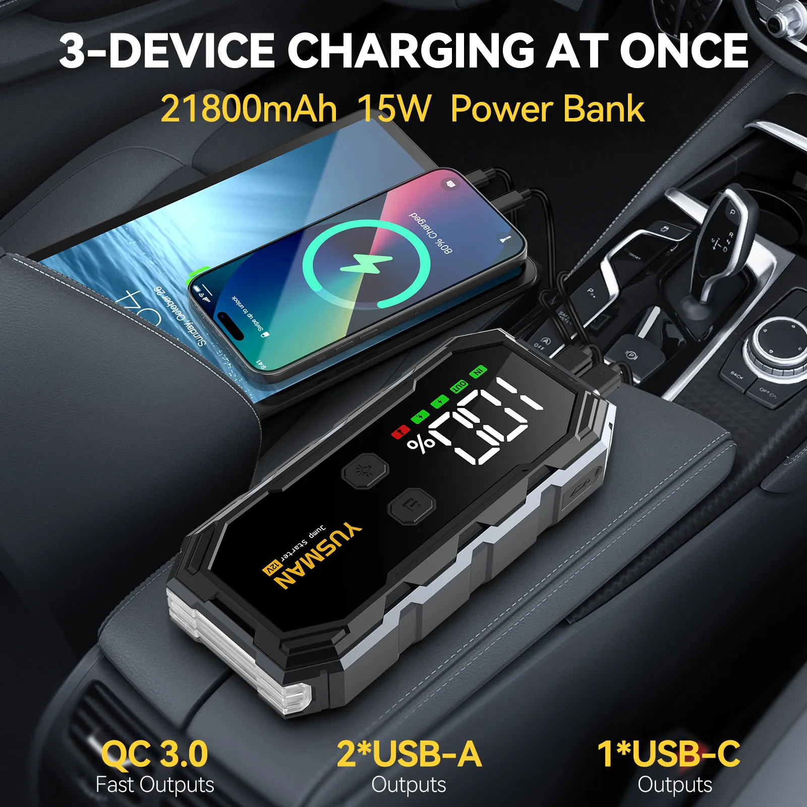 5000A Car Jump Starter Portable Power Bank Car Booster for 10L Diesel Auto Safety Hammer Emergency Starting Device