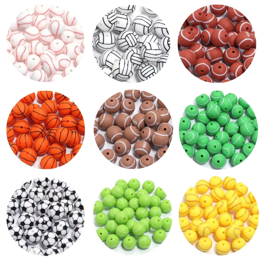 LOFCA 10 Stück bedruckte Silikonperlen, rund, 15 mm, Fußball, Baseball, Tennis, Basketball, Silikon, bedruckte Perlen, DIY-Schmuckzubehör