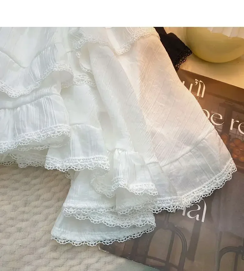 Lace High Waist Irregular Cake Skirts for Women A-line Sweet Girls All-match Korean Fashion Spring Summer Black White