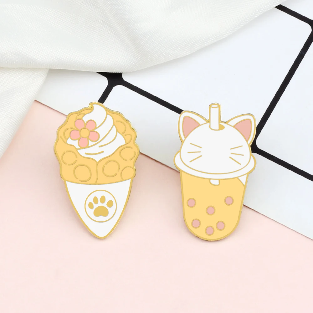 Cute Boba Milk Tea Smalto Pin Cartoon Animal Cat Bubble Tea Spilla Personalizzata Ice Cream Egg Waffle Bag Spilla S Badge Jewelry Gift