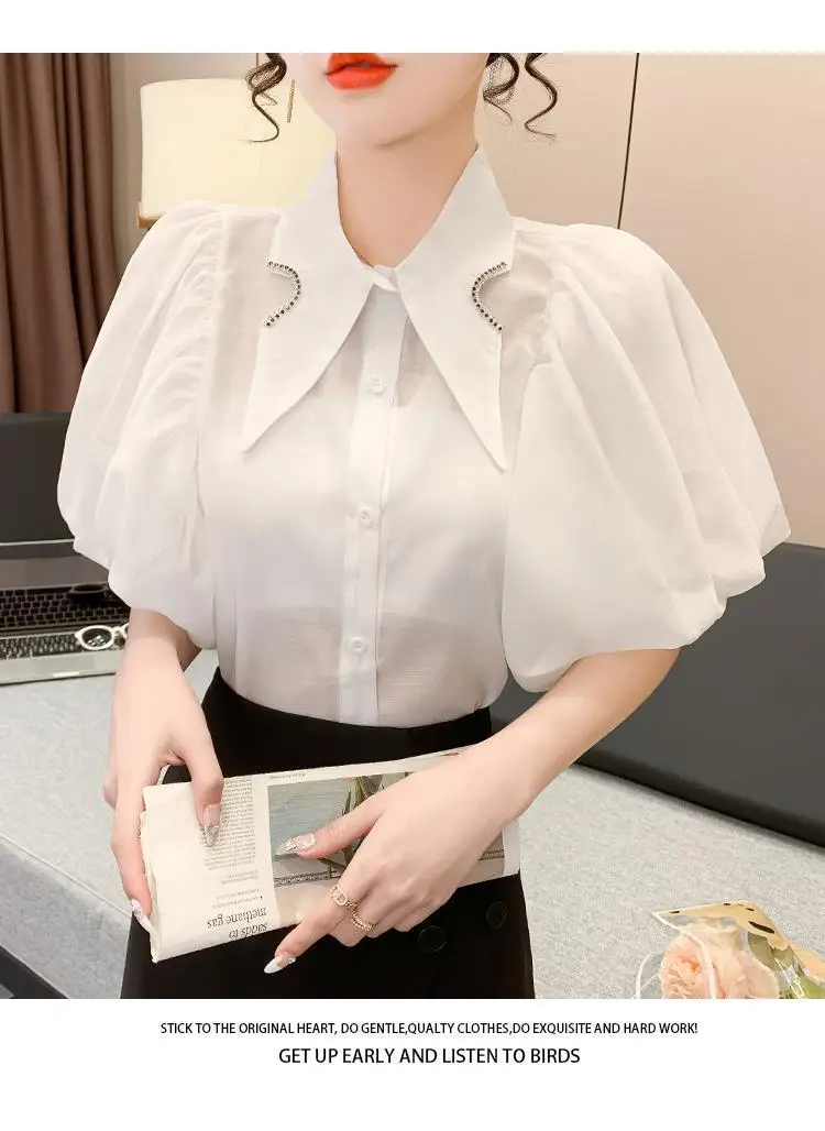Summer Women's Tops Diamond Point Collar Lantern Short Sleeve White Shirt Korean Fashion Designer Women's Clothing Office