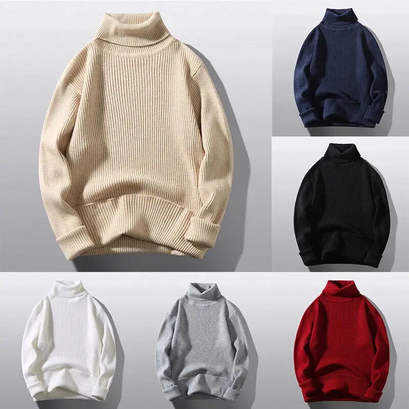 

Mens Plain Turtleneck Knitted Sweater Pullover Winter Long Sleeve Warm Casual Jumper Knitwear Tops