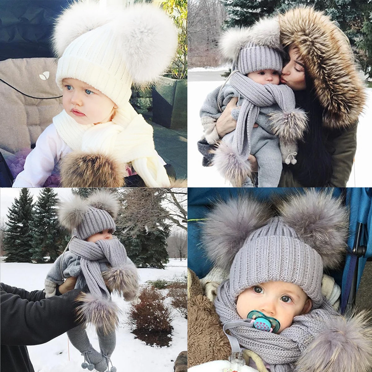 

2023 New Baby Winter Hat Scarf Set Bear Warm Knit Pompom Baby Cap Bonnet Kids Hat Boy Girl Cap Outdoor Collar Bib Kids Cap