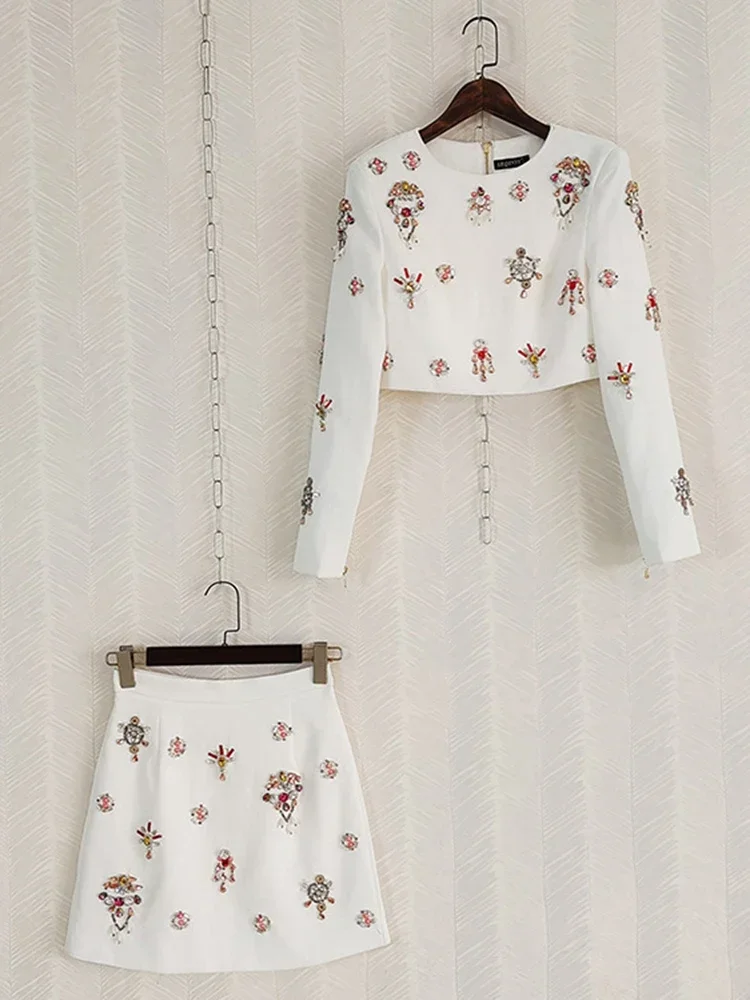 2024 Solid Splice Diamonds Design Sets For Women Round Neck Long Sleeve Short Coat High Waist Skirts Set Female Spring 36A130