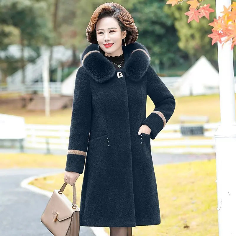 2023 New Middle-Aged and Elderly Faux Mink Velvet Coat Winter Women Temperament Thicken Warm Mid-Length Hooded Woolen Outwear