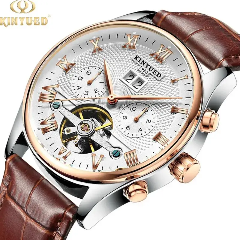 

KINYUED Men watch Skeleton Mechanical Leather Strap Wristwatch Casual Business Automatic Calendar Watches for Man reloj hombre