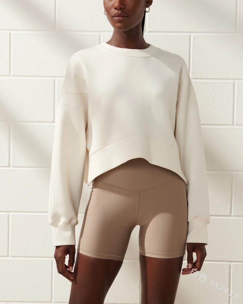 Women Short Sweatshirt 2024 Autumn Winter Long Sleeve O Neck Crop Top Sweatshirts Solid Color Loose Casual Pullover Lady Top