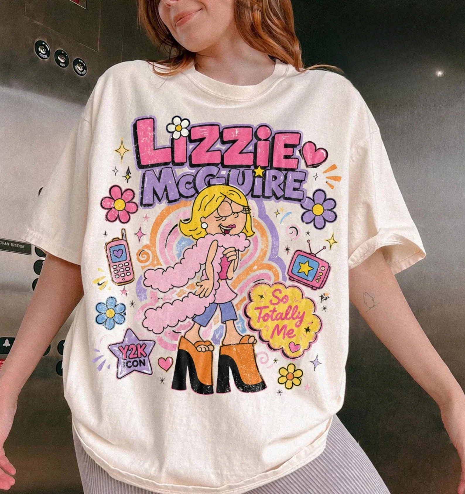 Y2K Harajuku-Stil Lizzie McGuire Cartoon T-Shirt mit Retro-Blumendruck, lässiges, lockeres T-Shirt für Männer/Frauen, Familien-Matching-Top