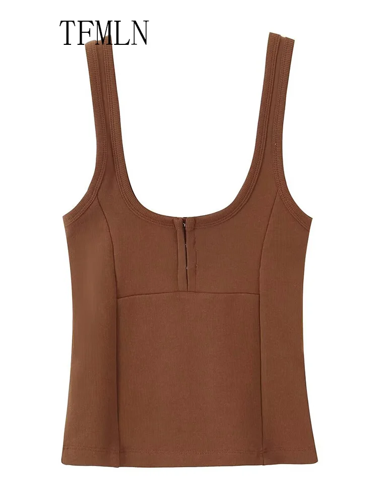 TFMLN 2025 Summer Women Knitted Tank Tops Fashion Square Collar Sleeveless Causal Slim Shirts Simple High Street Girls Tops
