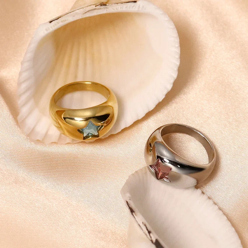 Waterproof 18K Gold Color Chubby Star Rings for Women Sleek Stainless Steel Pink Zircon Dome Finger Ring Femme Bijoux Anillos