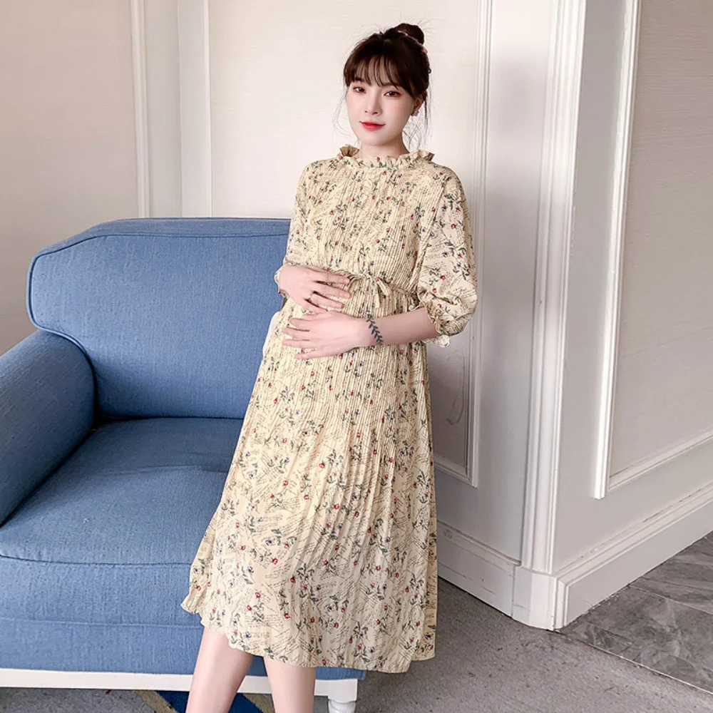 Korean Style Maternity dress Chiffon Sweet Short Sleeve Floral vestidos Pregnancy dress Pregnant Woman clothing Mini Dresses