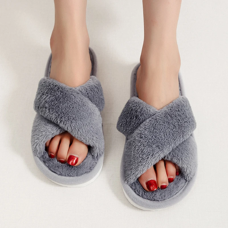 Autumn Winter Fluffy Fur Slippers Women Lightweight Cross Band Plush Slides Woman 2025 Open Toe Flats Fuzzy Home Slippers Female