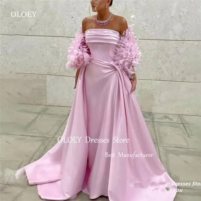 

OLOEY Luxury Pink Satin Saudi Arabic Evening Dresses With Feathers Jacket Sleeves Long Prom Gown Formal Occasion Party Dress