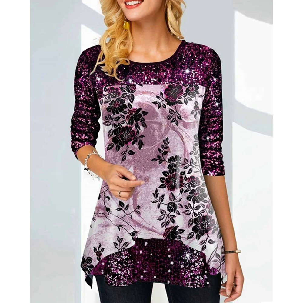 Christmas Fashion Glitter Floral Print Contrast Sequins O Neck Design Long Sleeve Blouse Spring Femme Casual Shirts Women Y2k