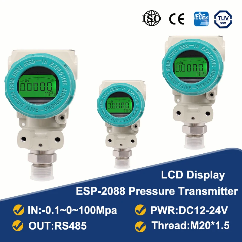 

LCD Pressure Transducer Range -0.1-0-100Mpa RS485 4-20mA Output Water Tank Oil Gas Pressure Transmitter M20*1.5 Thread
