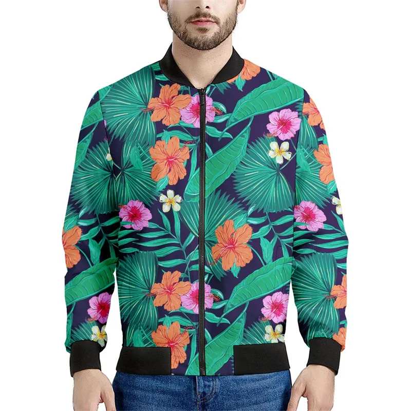 thumbnail image 1 of Chaqueta con cremallera y estampado de flores hawaianas para hombre, sudadera con estampado de plantas tropicales en 3D, sudaderas estilo bomber, abrigos de manga larga de gran tamaño, 1 of 5